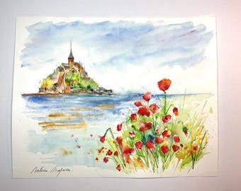 オリジナルの水彩画で描かれたモン サン ミッシェル
