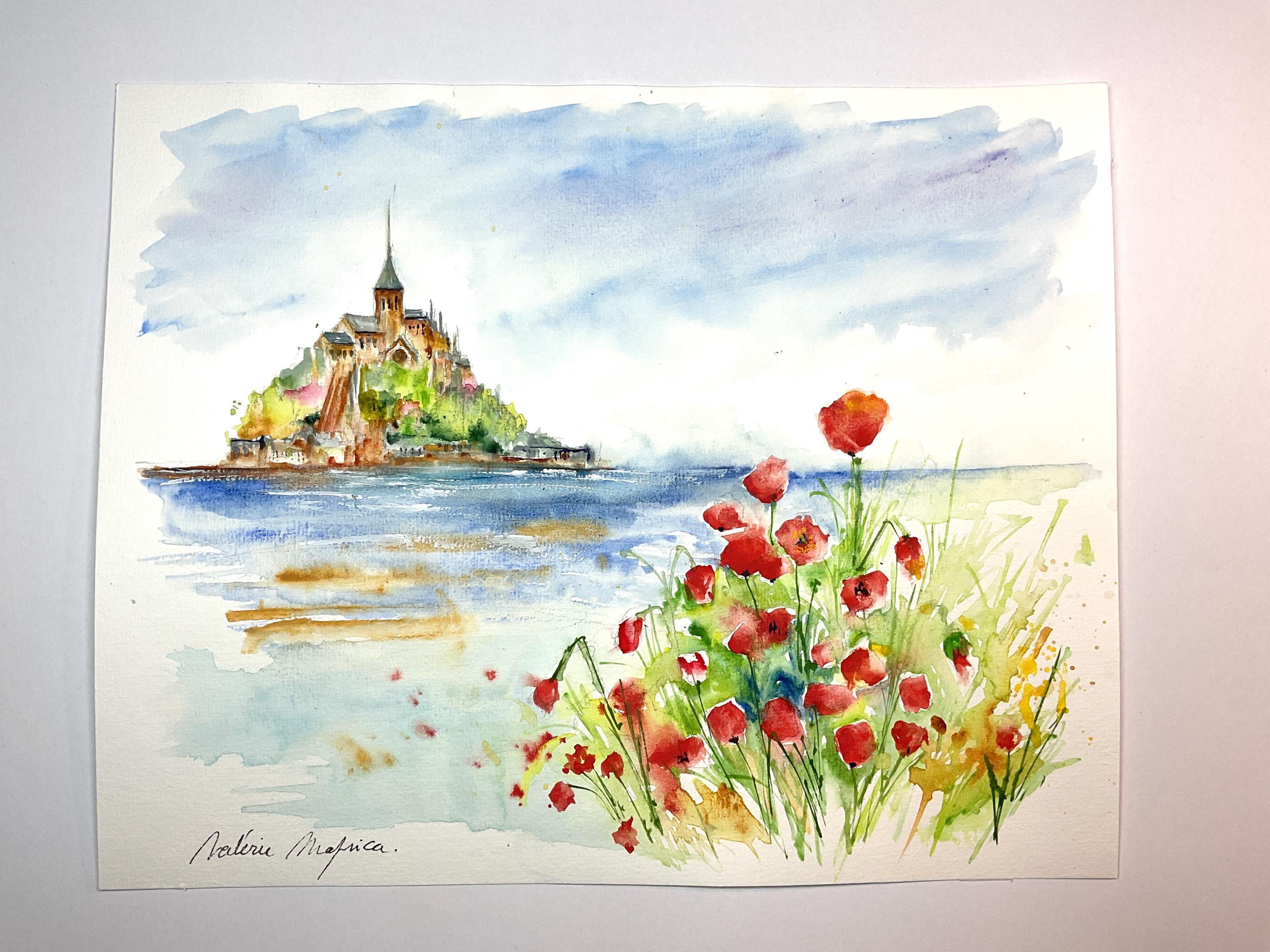 水彩画　モンサンミッシェル　風景画　美術　インテリア　修道院　世界遺産の絵 水彩画 モンサンミッシェル 風景画 美術 インテリア 修道院 世界