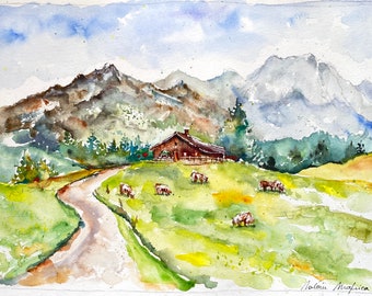 Aquarelle originale de montagne en été, peinture de paysage de montagnes, aquarelle des Alpes, Chaine des Aravis, chalet montagnard