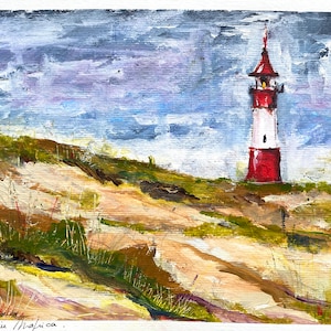 Landscape original painting of lighthouse in the dunes, acrylic painting of a wild coast view with a red and white lighthouse, coastal view
