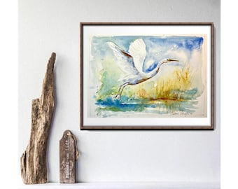 オリジナルの水彩画の白鷺、湖の上を飛ぶ雄大な優雅な白い鳥の