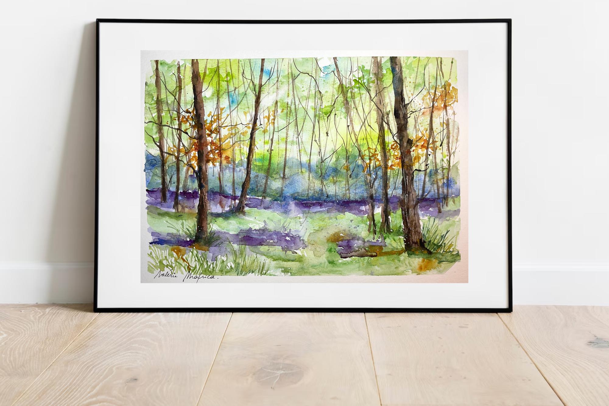 春の森のオリジナル水彩画、柔らかい緑の葉を持つスミレと木々の絵画