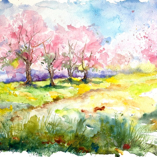 Watercolor of pink blossoming apple trees, nature landscape in spring, original impressionist painting of blossoming orchards in spring