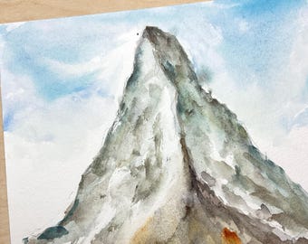 夏のマッターホルンの水彩画。スイスアルプスのマッターホルンの風景