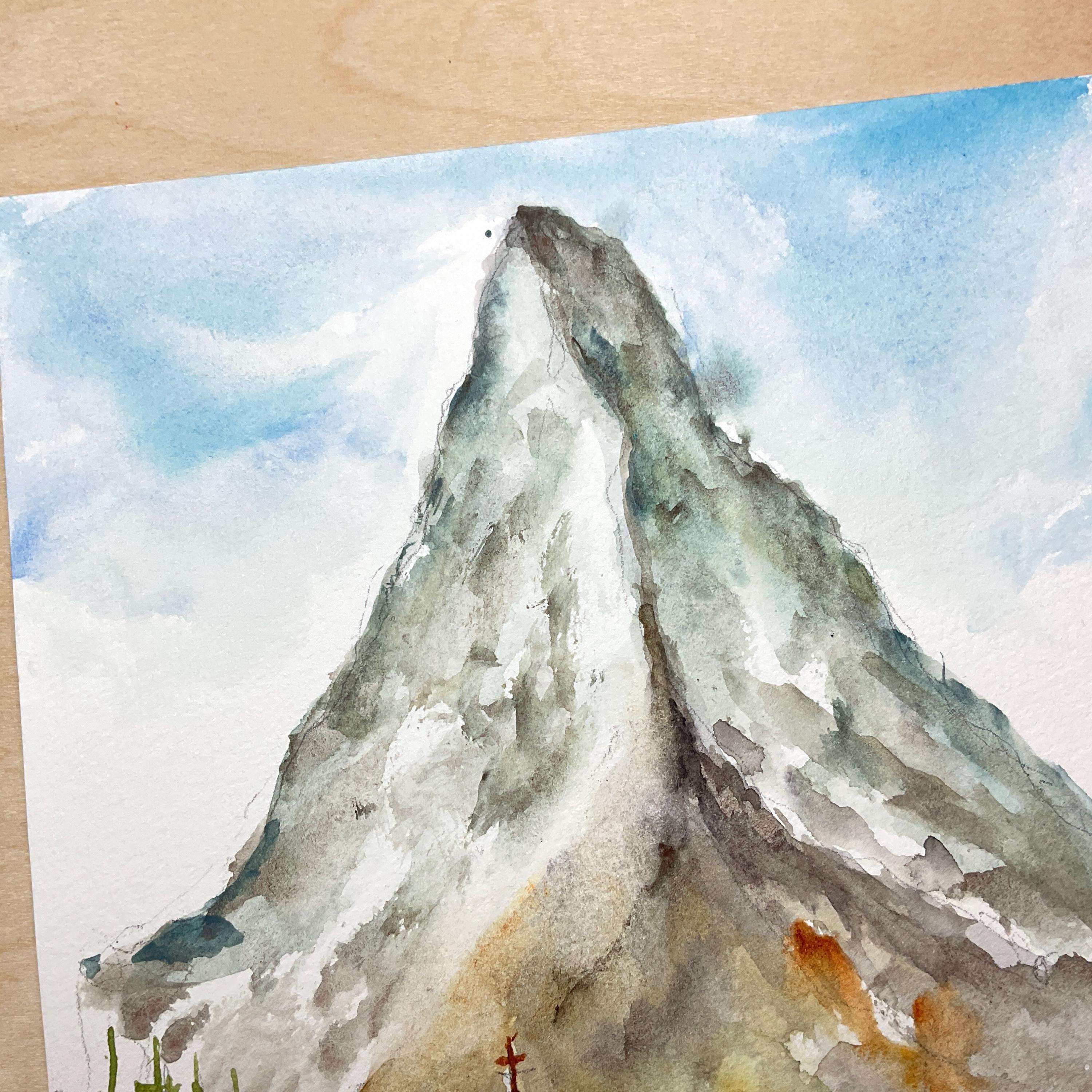 夏のマッターホルンの水彩画。スイスアルプスのマッターホルンの風景
