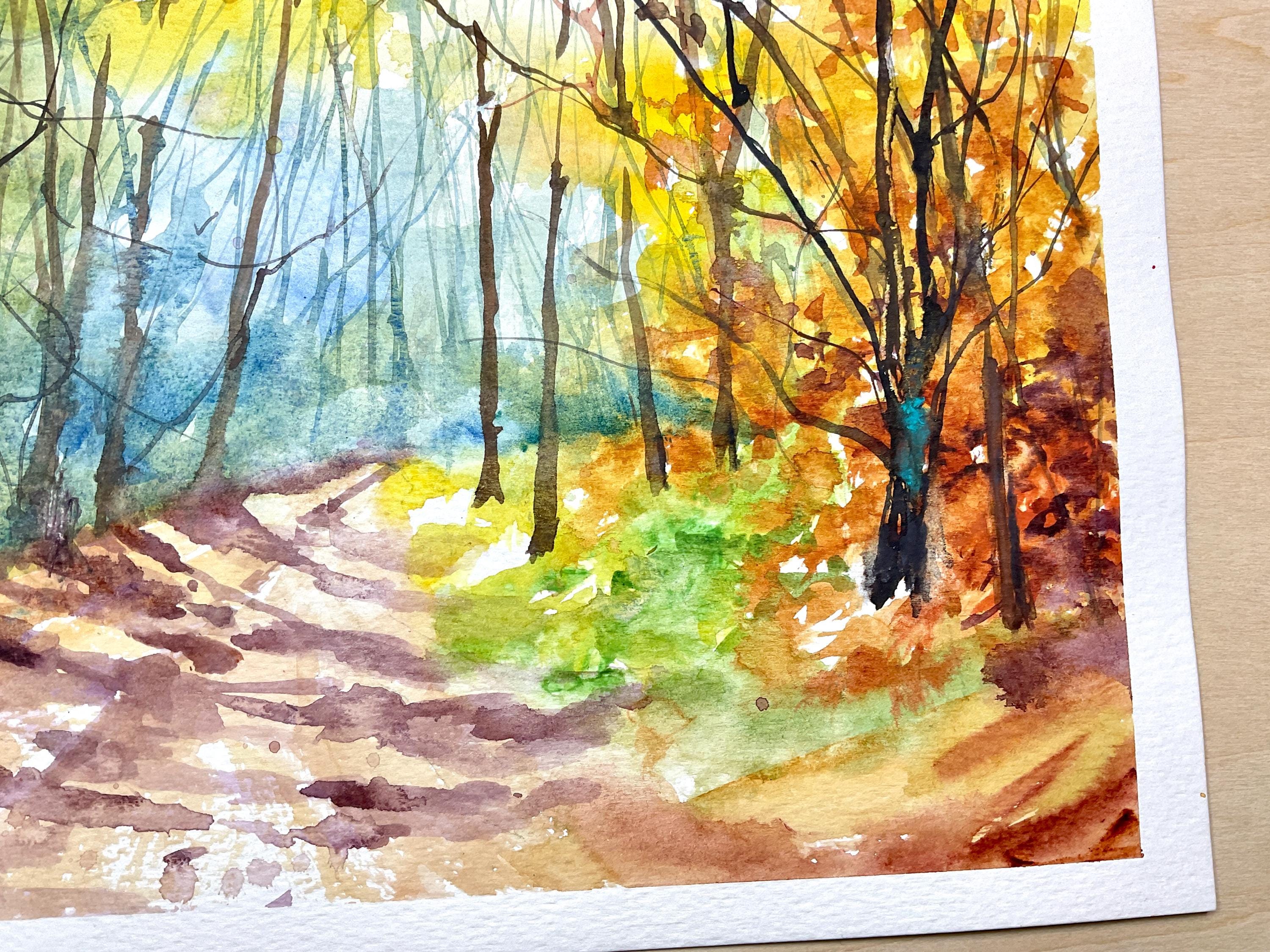 オリジナルの水彩画:森の中、森の風景、秋のハイキングコースの絵画 オリジナルの水彩画:森の中、森の風景、秋のハイキングコースの絵画