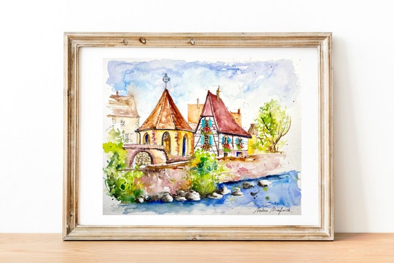 アルザスの水彩画、ケセルスベールの村の絵、アルザスのワイン街道