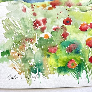 Paisaje de campos de amapolas, acuarela original de amapolas, naturaleza en verano, prados de flores y montones de paja, arte de amapolas imagen 3