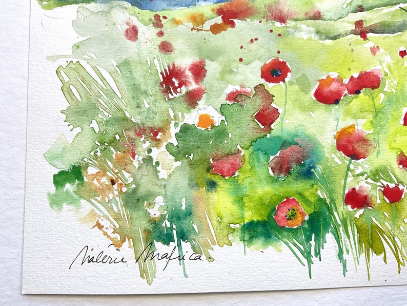 Paisaje de campos de amapolas, acuarela original de amapolas, naturaleza en verano, prados de flores y montones de paja, arte de amapolas imagen 3