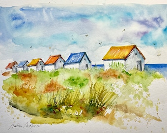 Gemälde von Badehütten in Gouville, Original-Aquarell von bunten Strandhütten, Landschaft des Cotentin Coutances Manche in der Normandie