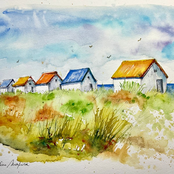 Peinture des cabines de bain de Gouville, aquarelle originale de cabanes de plage colorées, paysage Cotentin Coutances Manche en Normandie