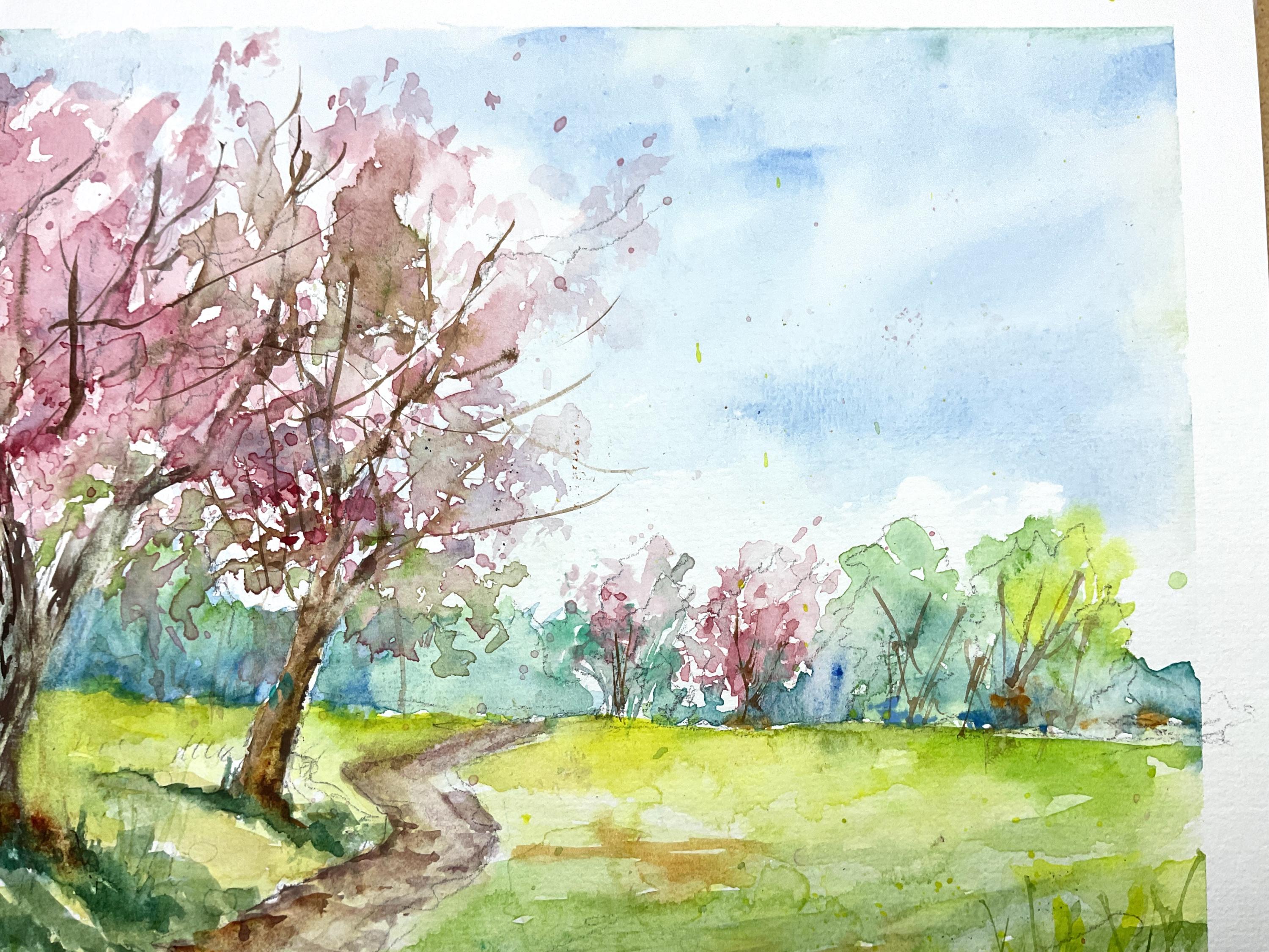 ピンクのリンゴの花の水彩画、春の自然の風景、春に花が咲く果樹園の ピンクのリンゴの花の水彩画、春の自然の風景、春に花が咲く果樹園の