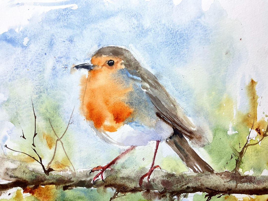 ロビンのオリジナル水彩画、庭の鳥をテーマにした出産祝いの小さな
