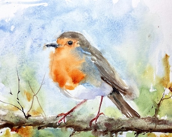 ロビンのオリジナル水彩画、庭の鳥をテーマにした出産祝いの小さな