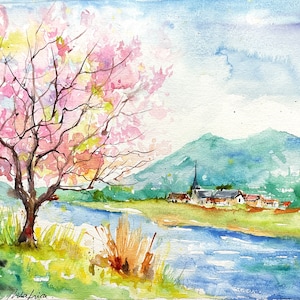 Dipinto originale di paesaggio primaverile, natura della Normandia e campagna fiorita, villaggio sul fiume, regalo decorativo per la casa