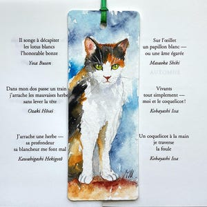 Original watercolor calico cat bookmark, cat painting on handmade bookmark, expressive hand painted cat for reader, gift for her or him