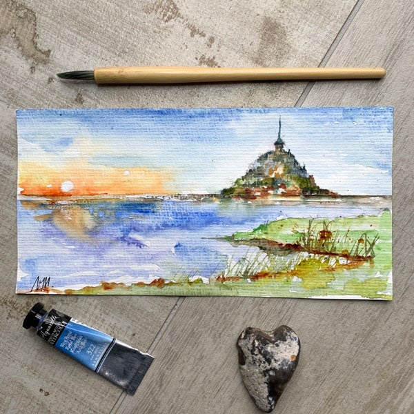 Le Mont Saint Michel miniature aquarelle originale, peinture du mont Saint Michel, paysage de Normandie, Abbaye de bord de mer et prés salés