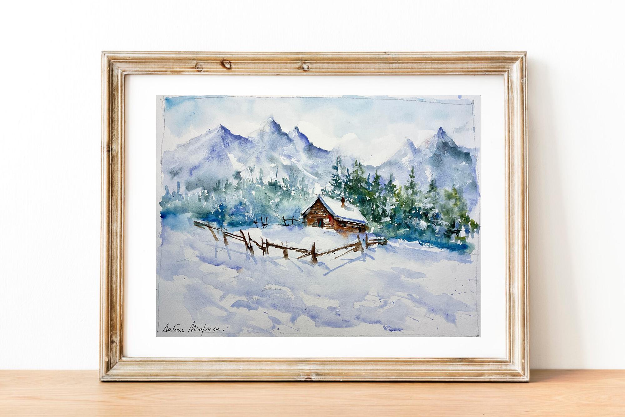 冬の山岳風景、雪に覆われた丘のオリジナル水彩画、雪景色、アルプスの