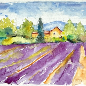 Acquerello originale – Fattoria provenzale e campo di lavanda sotto il sole estivo, un invito alla dolcezza della vita, alla fuga in Provenza