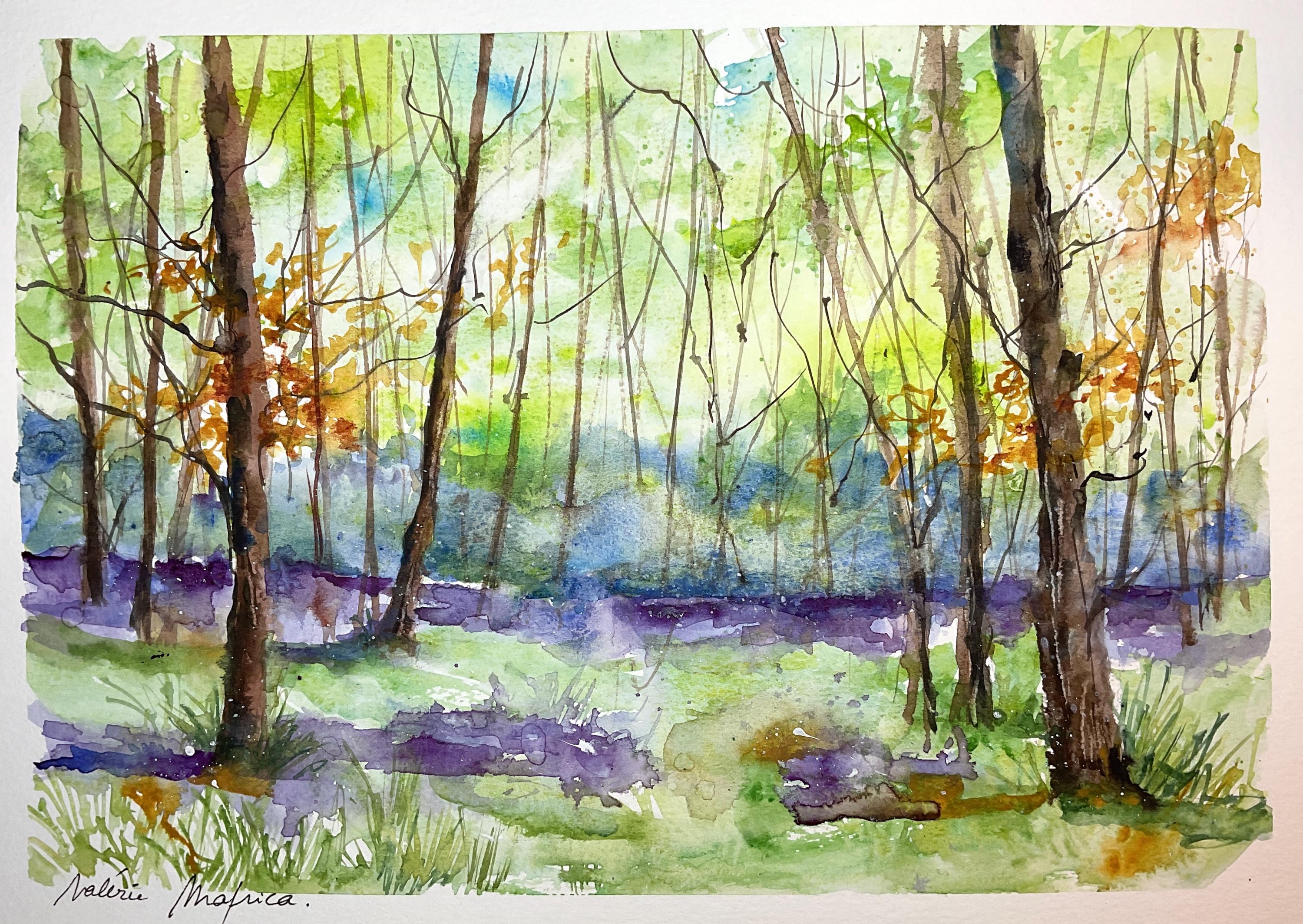 春の森のオリジナル水彩画、柔らかい緑の葉を持つスミレと木々の絵画