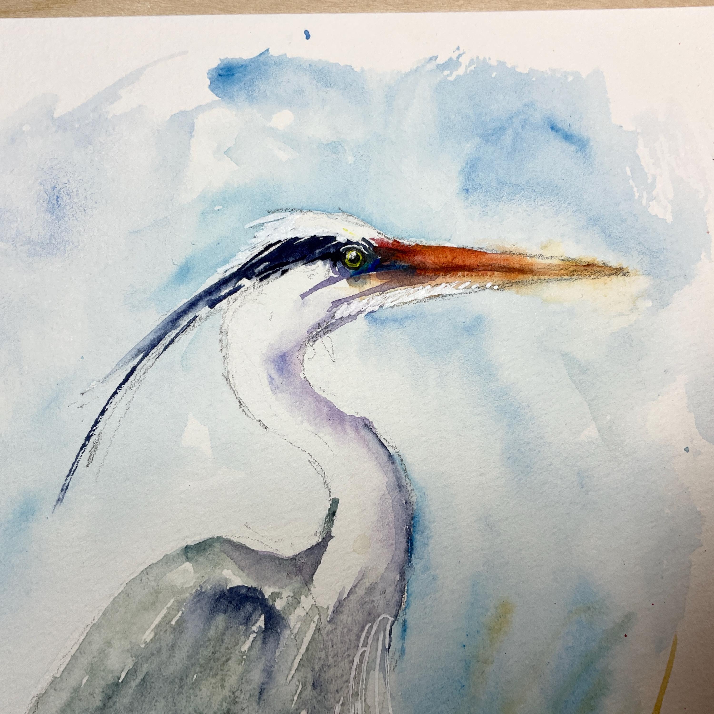 アオサギの絵画、アオサギのオリジナル水彩画、沼地や池の水鳥の絵画