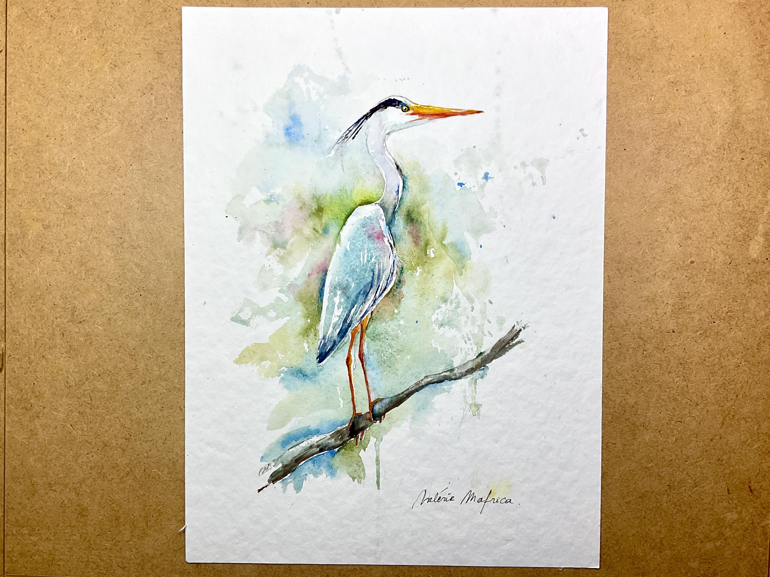 アオサギの絵画、オリジナルの水彩画、湿地や池の水鳥の絵画、鳥の