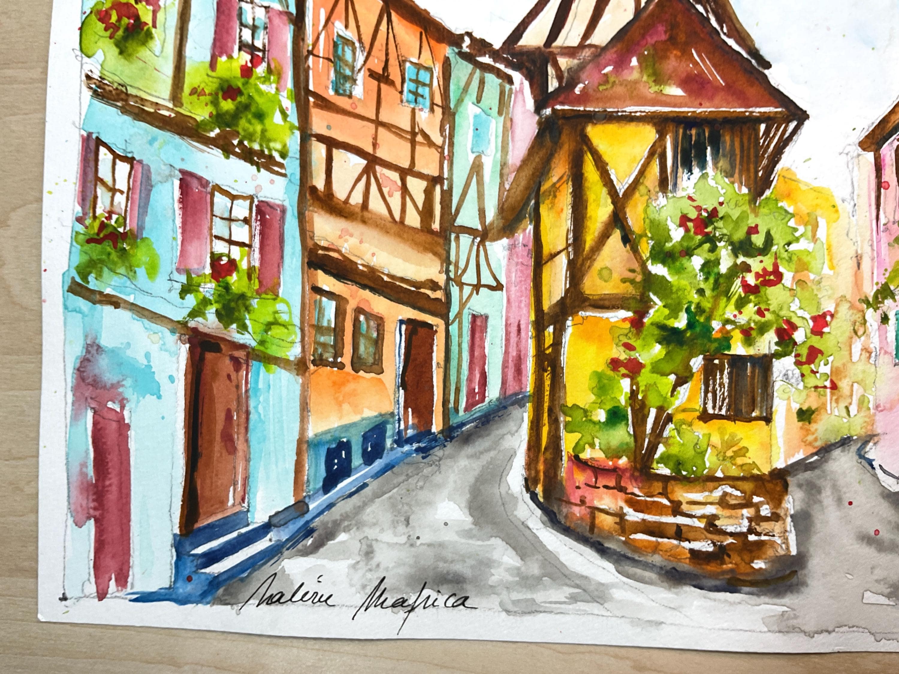 アルザスの水彩画、エギスハイム村の絵画、アルザスワイン街道
