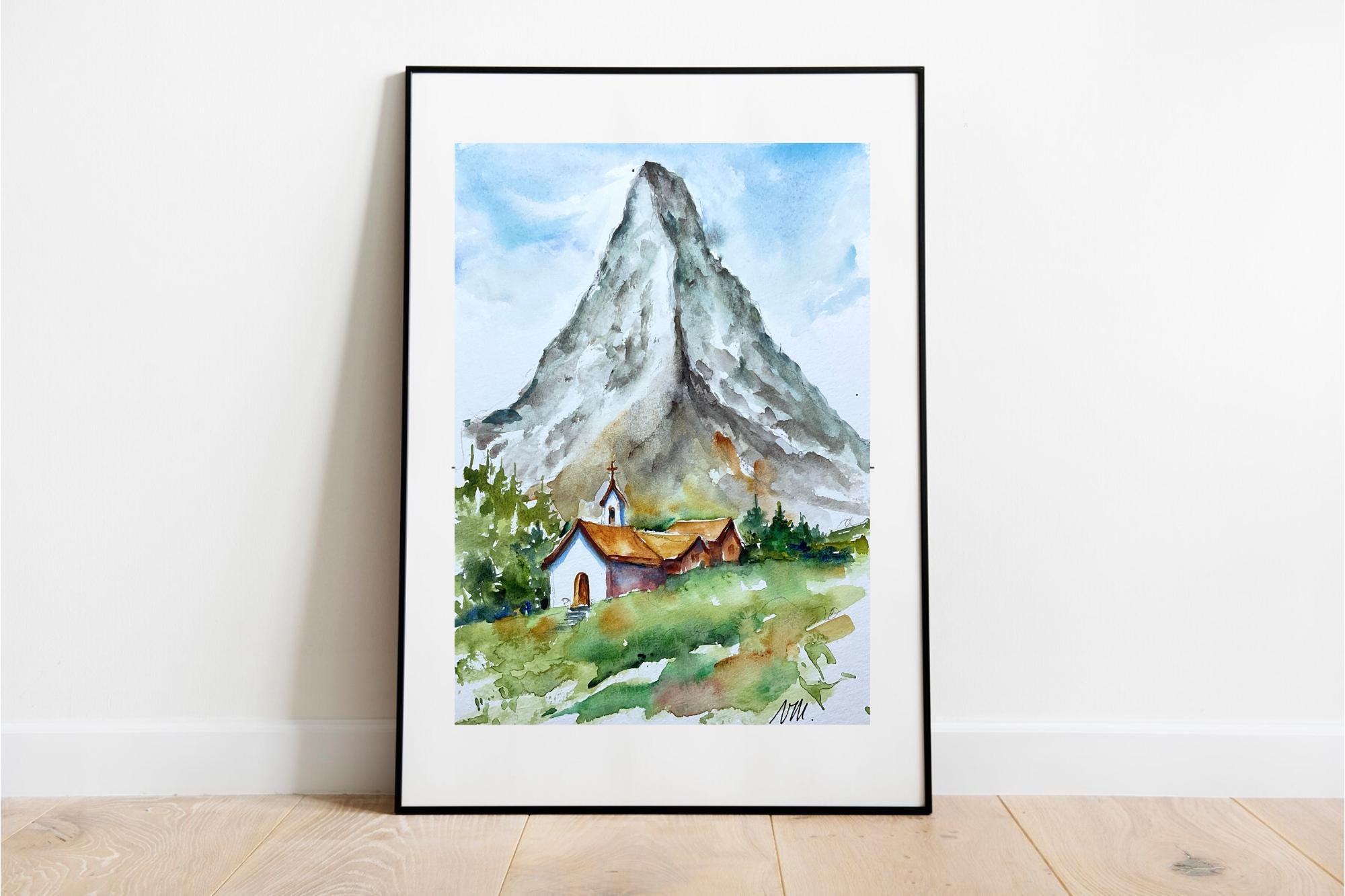 夏のマッターホルンの水彩画。スイスアルプスのマッターホルンの風景