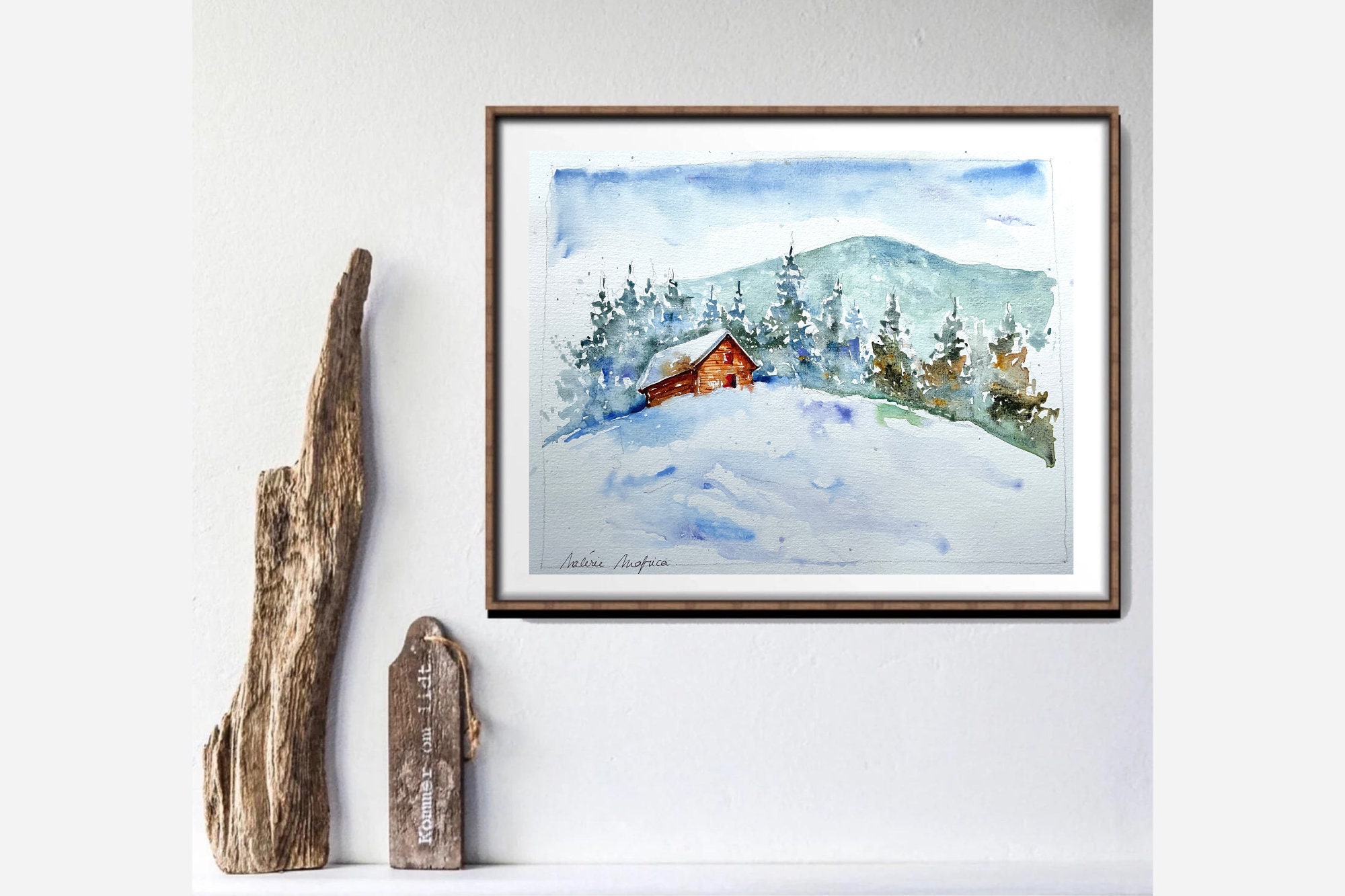 冬の山の風景、雪に覆われた丘のオリジナルの水彩画、雪景色、アルプス