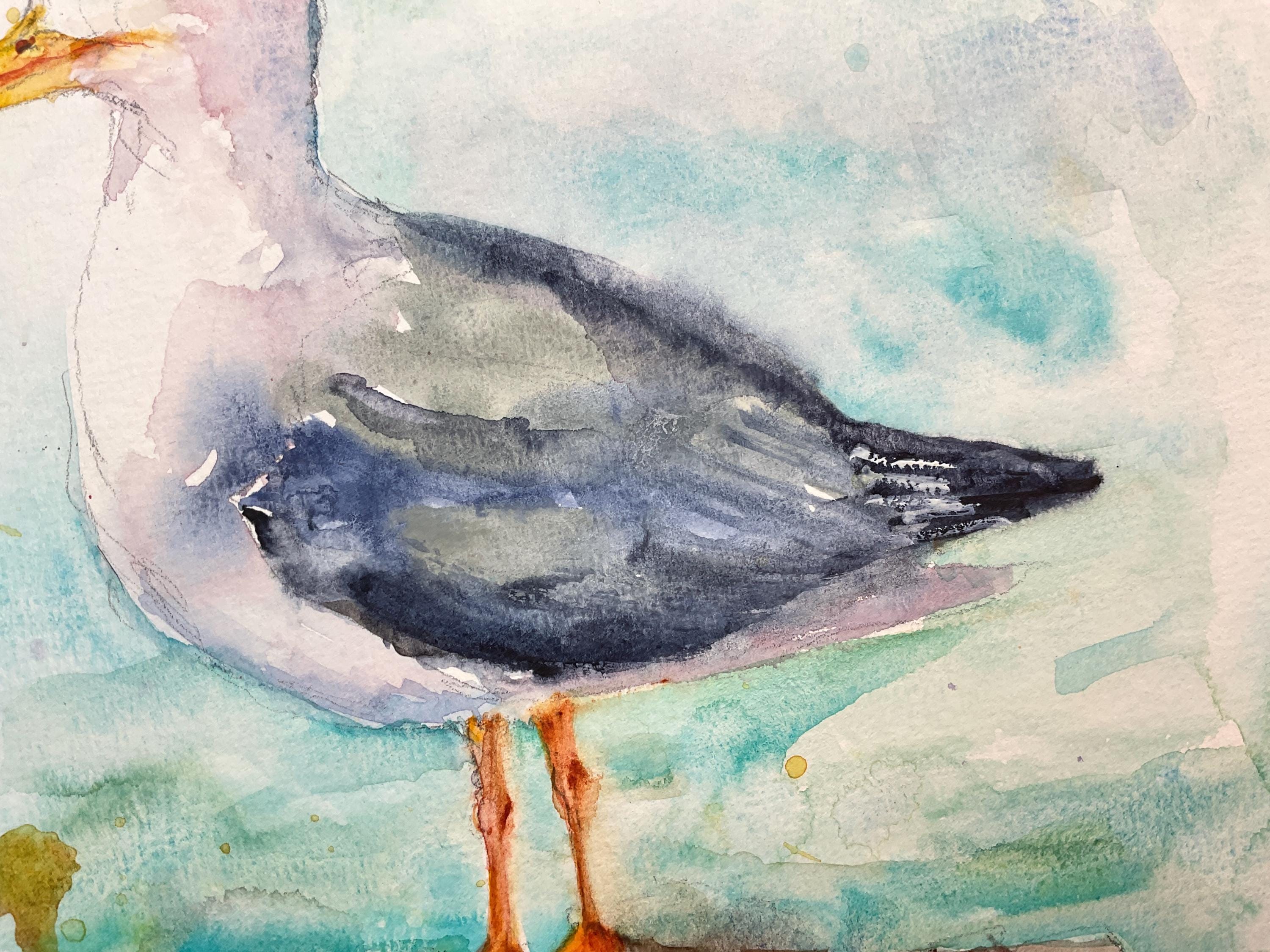 オリジナルの水彩画のカモメ、カモメの絵画、海洋をテーマにした