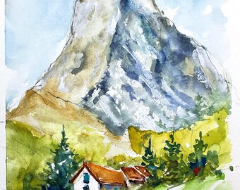夏のマッターホルン山の水彩画、スイスアルプスのマッターホルンの風景