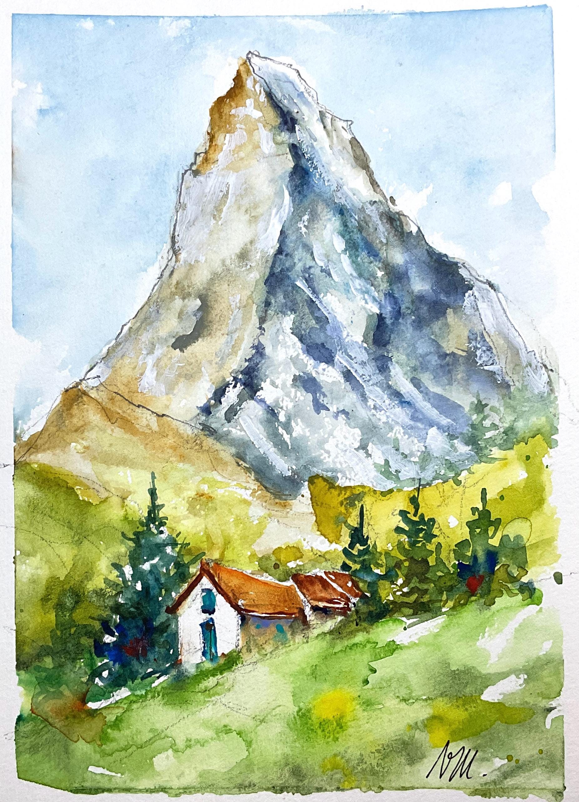 夏のマッターホルン山の水彩画、スイスアルプスのマッターホルンの風景