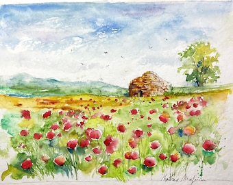 ケシ畑、花畑の風景、野生の花が咲く草原、夏の田園風景、小麦畑を描い