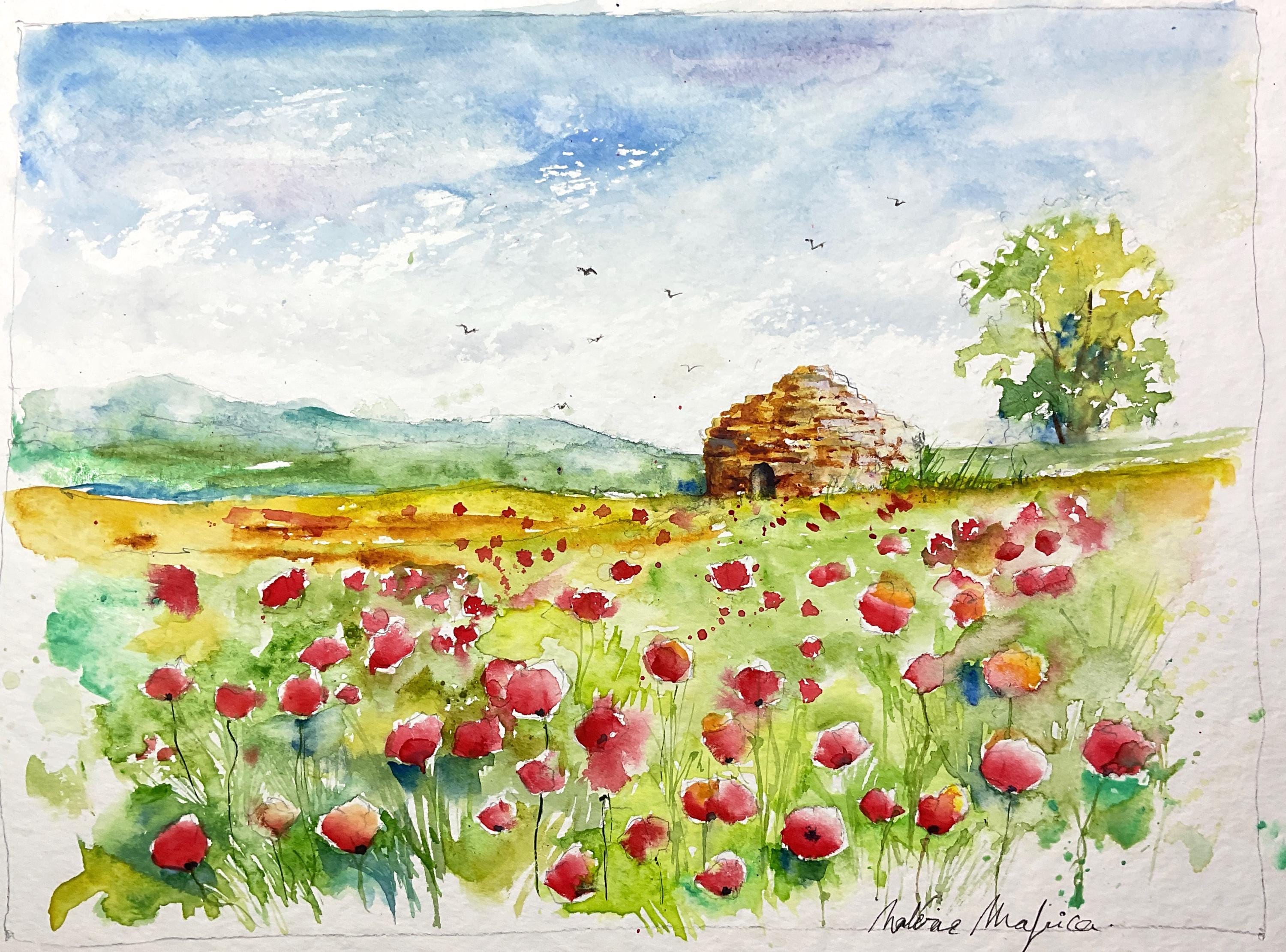 ケシ畑、花畑の風景、野生の花が咲く草原、夏の田園風景、小麦畑を描い
