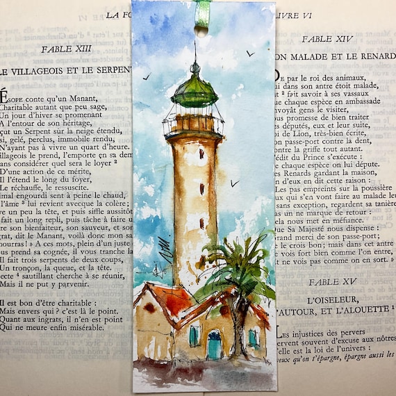 Phare méditerranéen sur marque page, signet décor marin pour livre, phare du Grau du Roi, symbole maritime peinture originale, petit cadeau