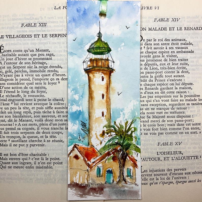 Latarnia morska śródziemnomorska na zakładce do książki, zakładka w stylu marynistycznym, latarnia Grau du Roi, symbol morski, oryginalny obraz, drobny upominek zdjęcie 1