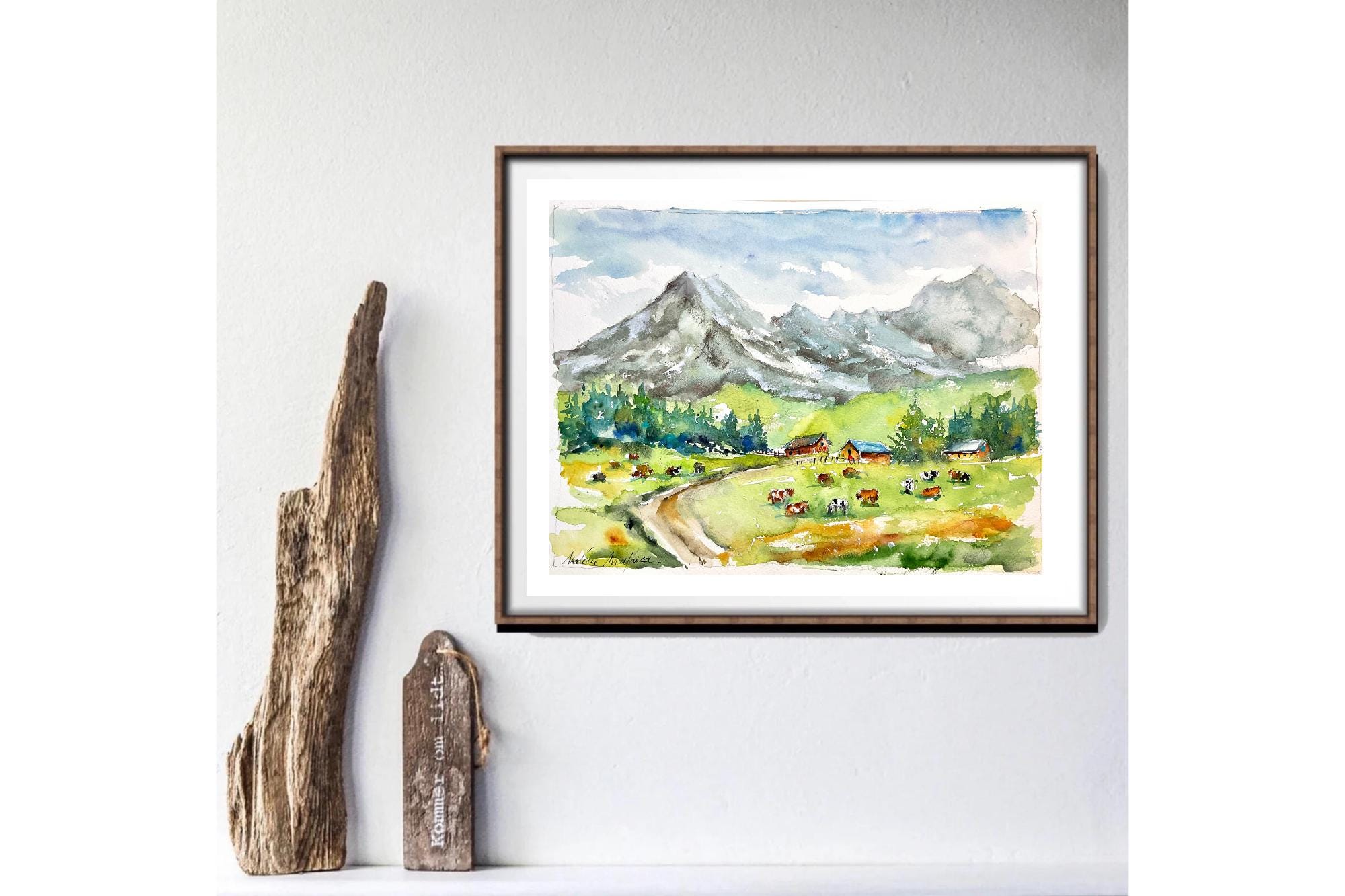 夏の山のオリジナル水彩画、山岳風景画、アルプスの水彩画、アラビス