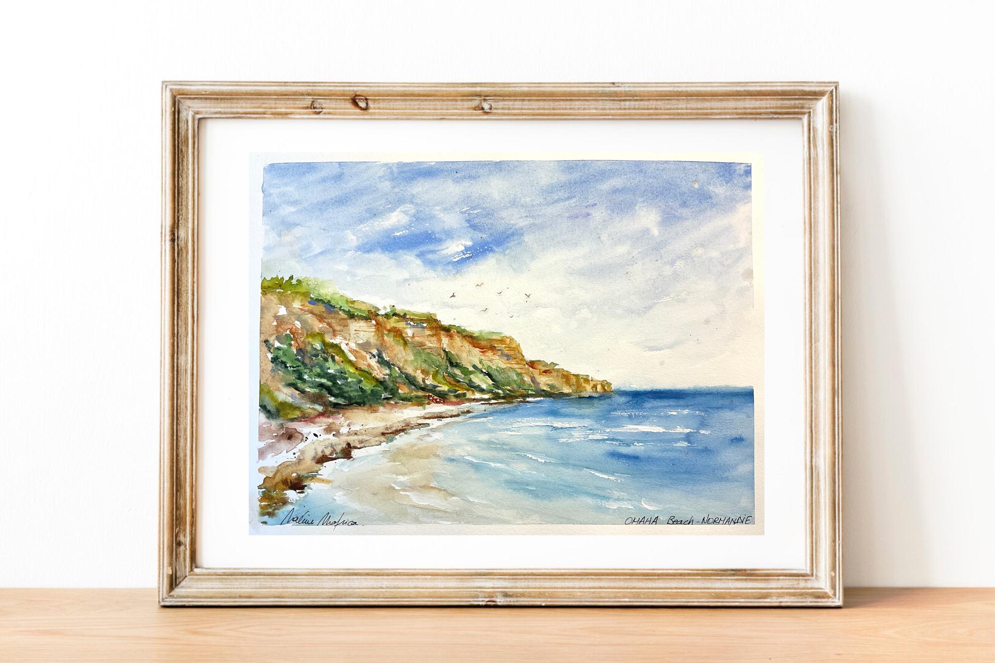 水彩画「海岸の風景」 オマハビーチのオリジナル水彩画、ノルマンディー上陸作戦の海岸の風景