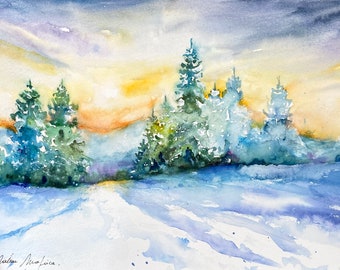 Mountain Landscape in Winter, Original Watercolor Painting