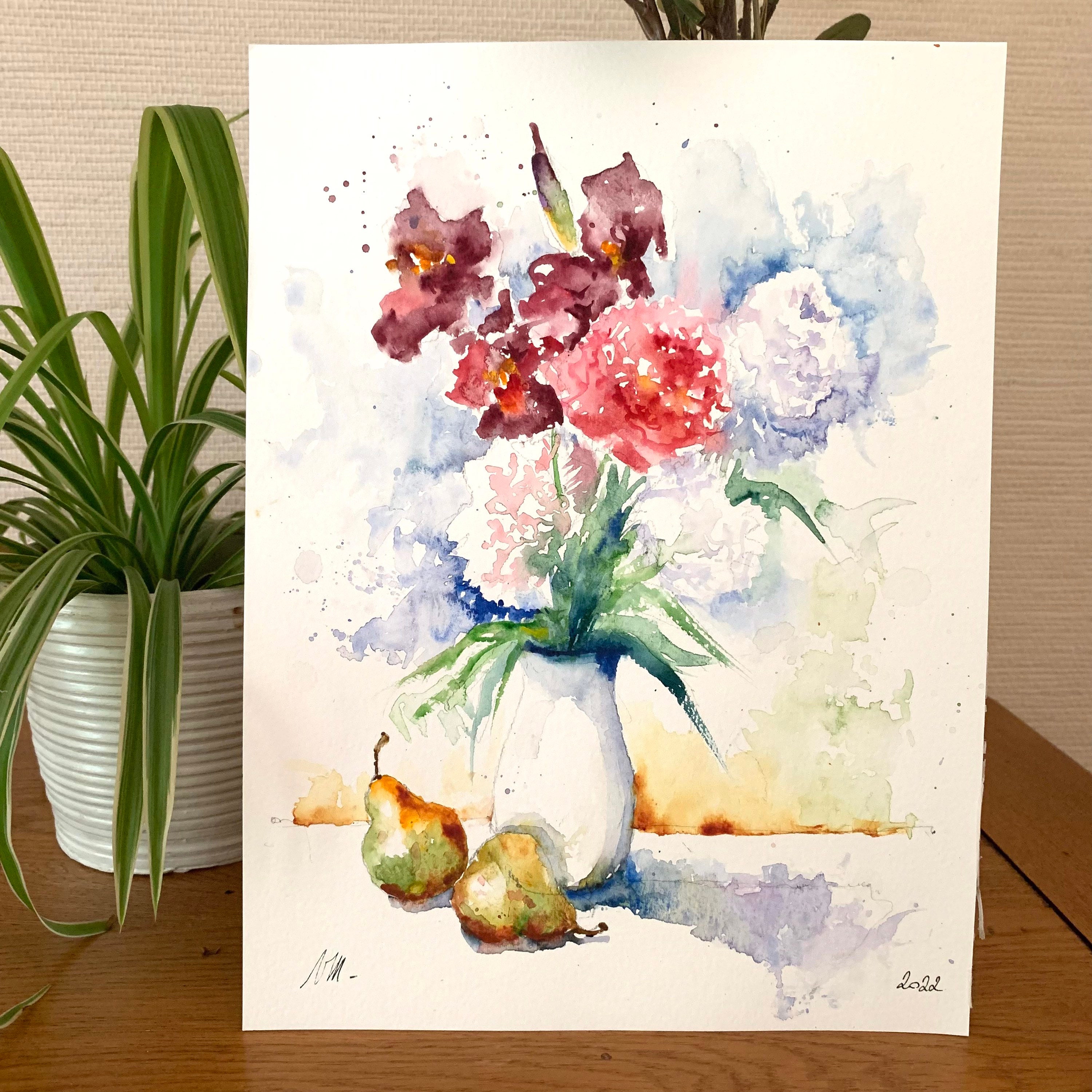 花束の中のアイリスと牡丹の花の水彩画、花瓶の中の庭の花の絵、装飾用