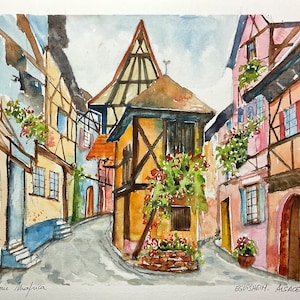 Acquerello dell'Alsazia, dipinto del villaggio di Eguisheim, strada del vino dell'Alsazia, paesaggio della Francia, casa a graticcio, vigneto alsaziano