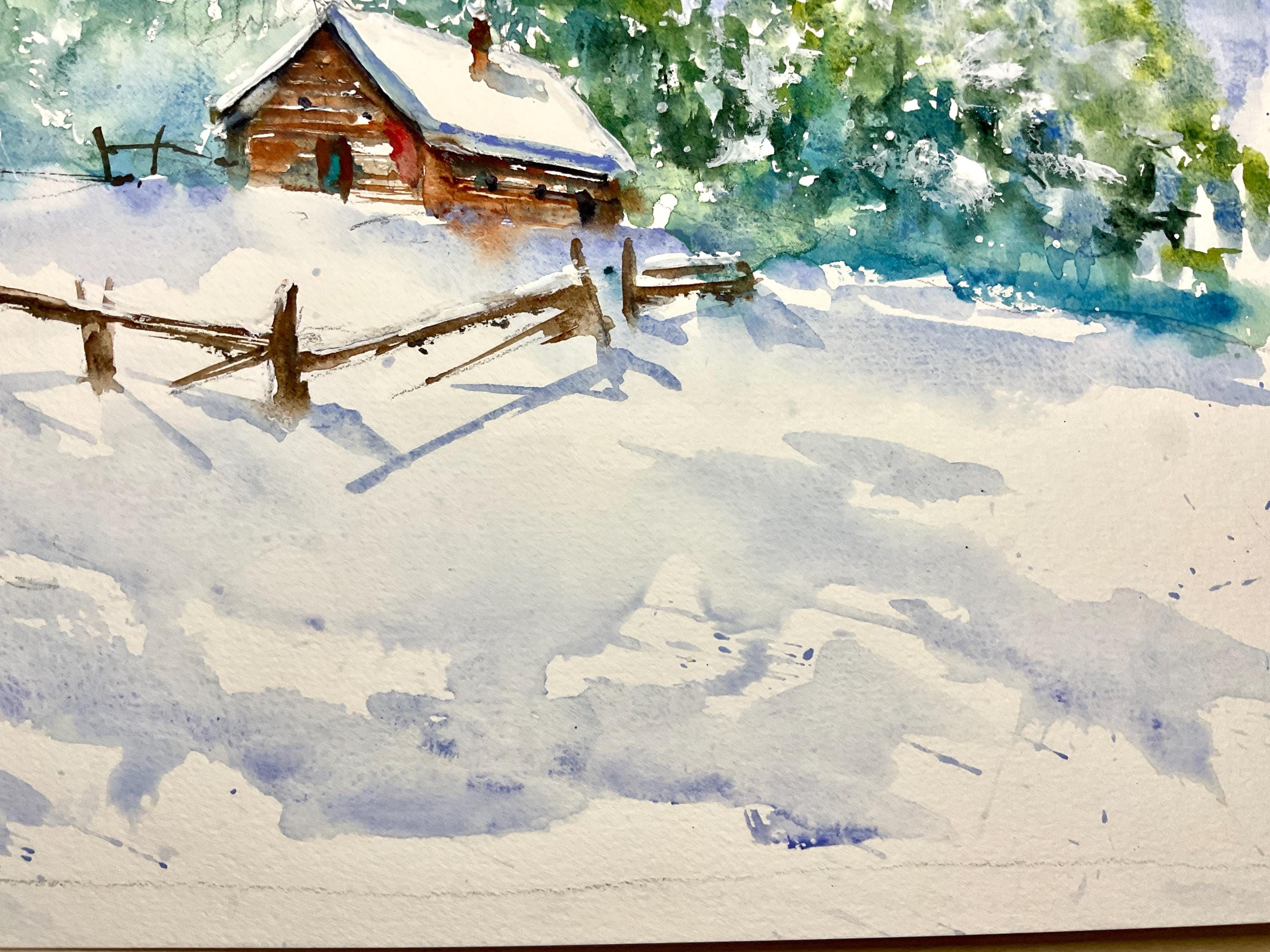 冬の山岳風景、雪に覆われた丘のオリジナル水彩画、雪景色、アルプスの