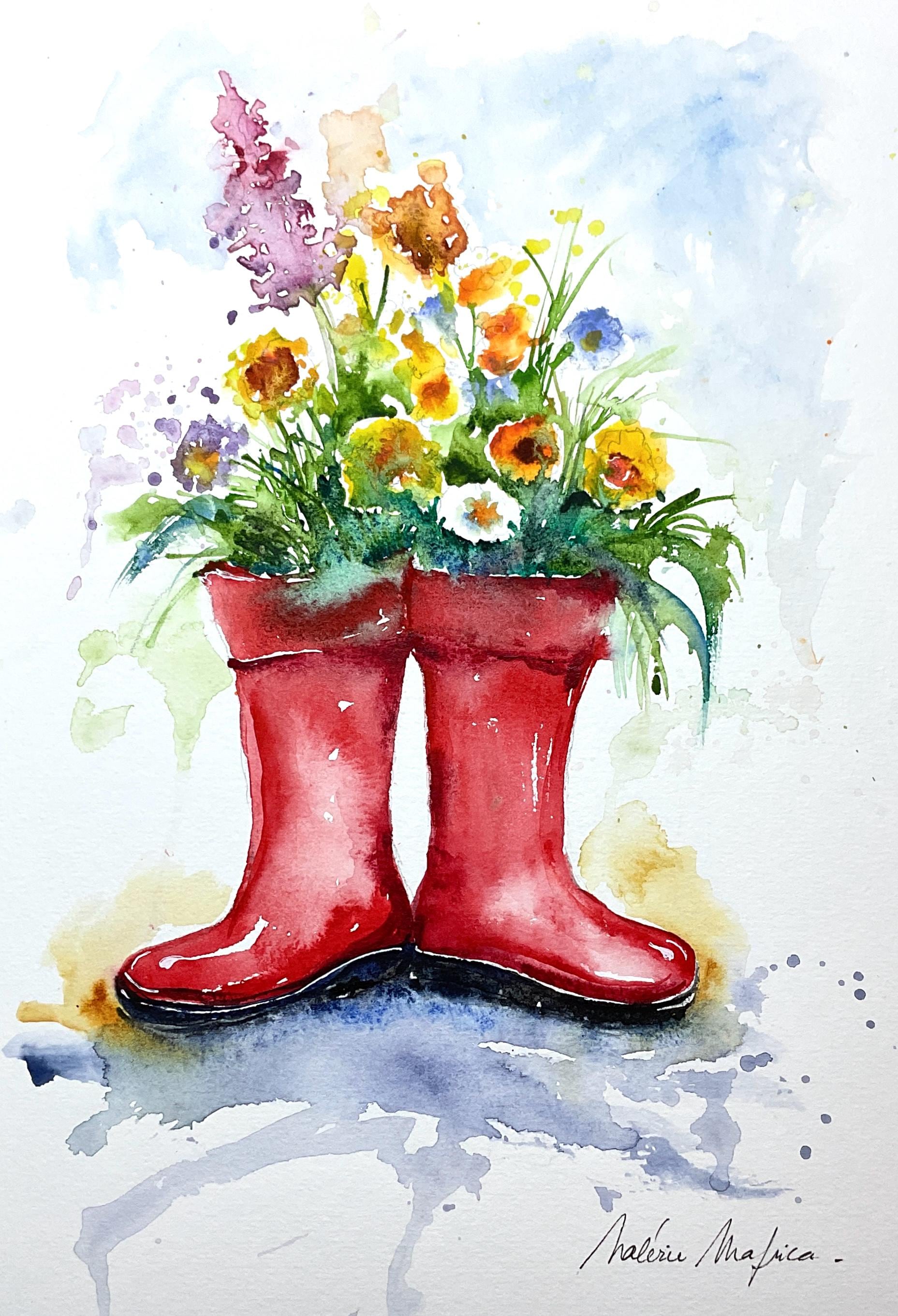 Painting of a Pair of Red Rubber Boots, Original Watercolor