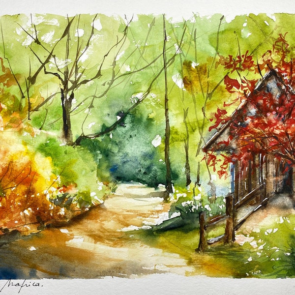 Peinture aquarelle originale d’arbres et cabane dans les bois, paysage de forêt, tableau de chemin de randonnée en automne, art forestier