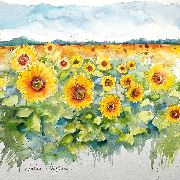 Sunflowers field watercolor original painting, fields of yellow flowers in summer countryside landscape, Provencal country home deco gift