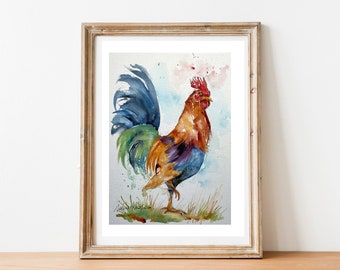 Original watercolor rooster painting, authentic wall art, country style gift and home decor, farm and barnyard animal, king of backyard