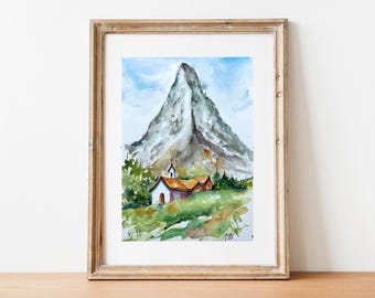 夏のマッターホルンの水彩画。スイスアルプスのマッターホルンの風景