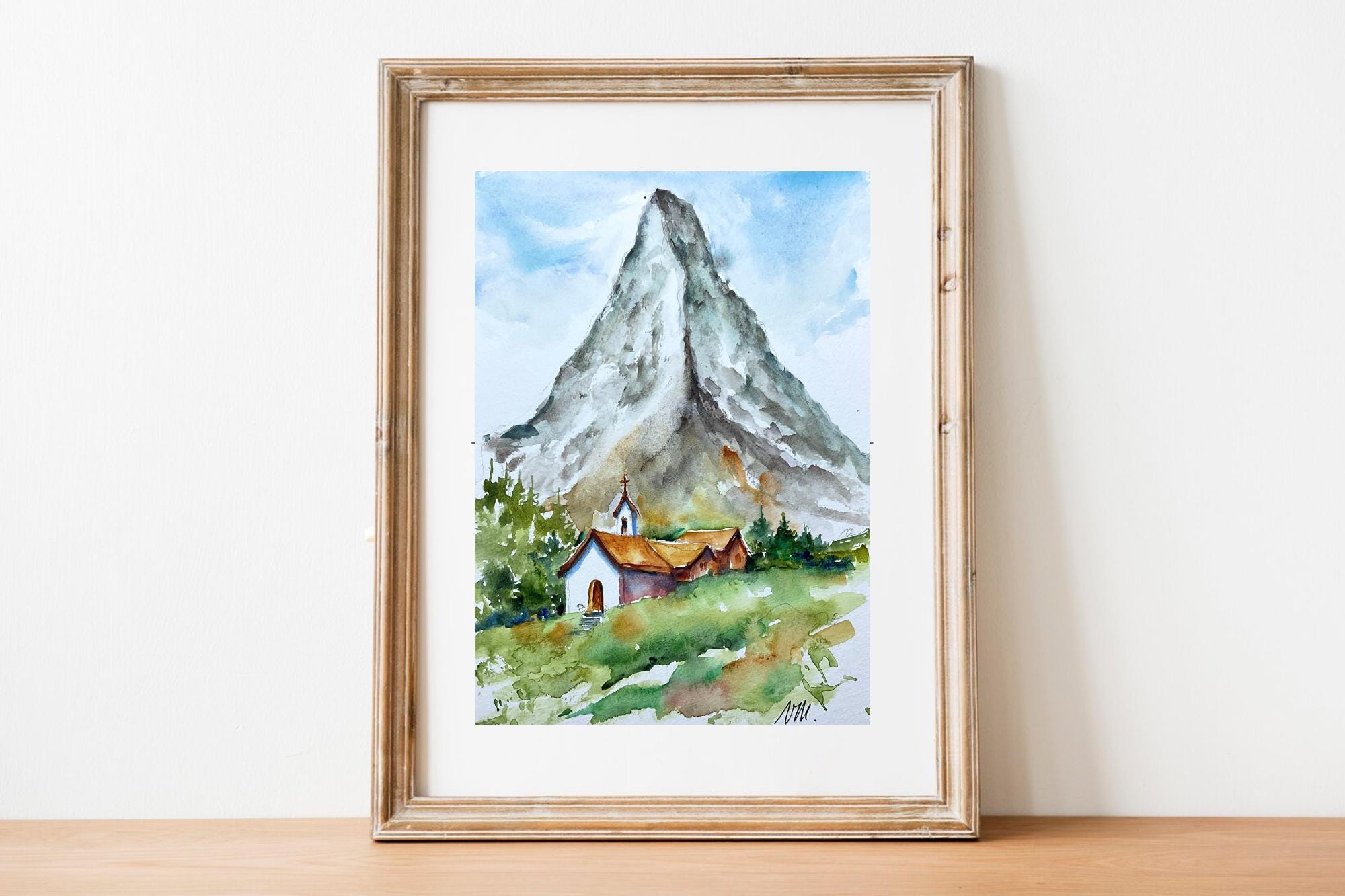 夏のマッターホルンの水彩画。スイスアルプスのマッターホルンの風景