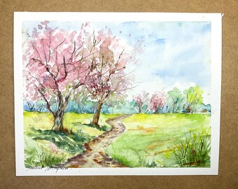 ピンクのリンゴの花の水彩画、春の自然の風景、春に花が咲く果樹園の