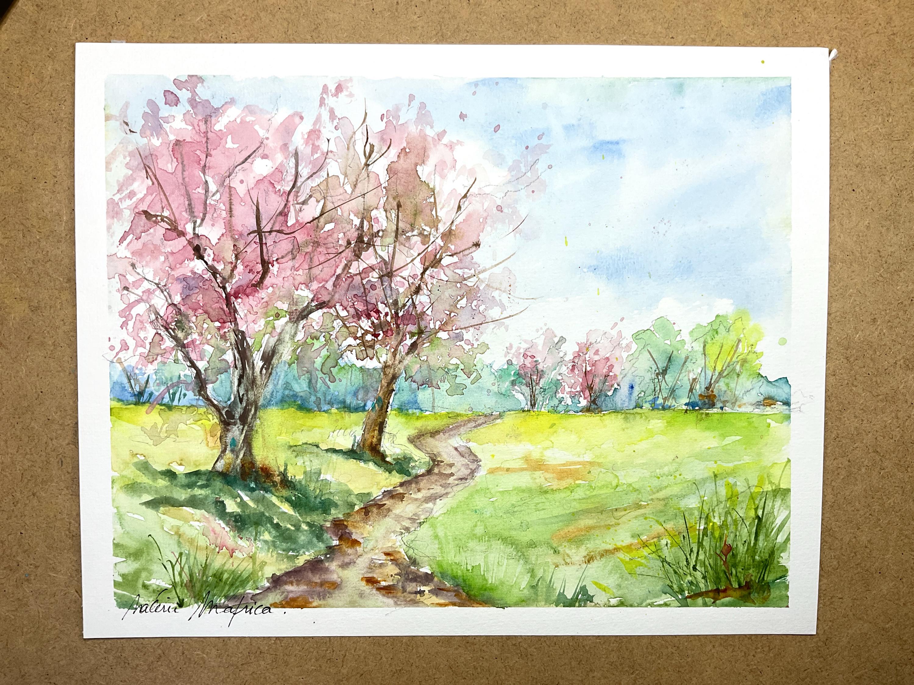 【真作】絵画　水彩3号　春爛漫　丘陵に咲く桜　春の風景　自然の息吹　V116 ピンクのリンゴの花の水彩画、春の自然の風景、春に花が咲く果樹